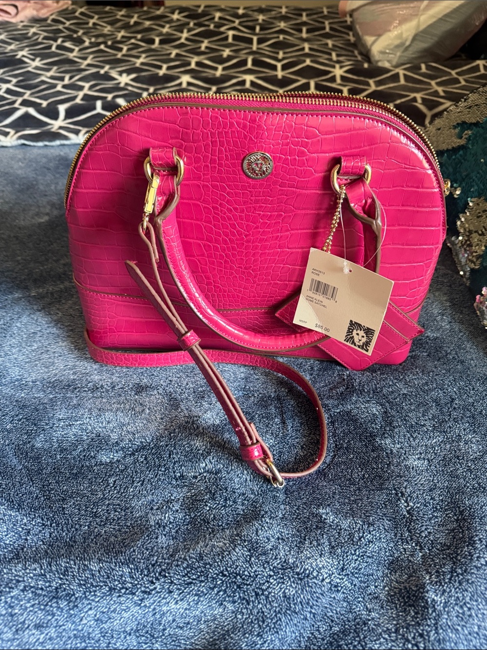 Anne Klein Hot Pink Croc-Embossed Dome Satchel